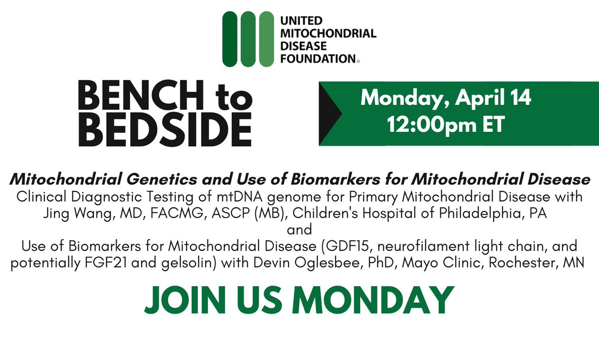 Science & Alliance - UMDF (@umdfscience) on Twitter photo Join us on Monday, April 14 at 12:00pm ET. Jing Wang, MD from <a href="/ChildrensPhila/">Children's Hospital</a> and Devin Oglesbee, PhD from <a href="/MayoClinic/">Mayo Clinic</a> will present on Mitochondrial Genetics and Use of Biomarkers for #MitochondrialDisease. FREE webinar, but please register at umdf-mitou.teachable.com/p/mitou-umdfbtb Join us on Monday, April 14 at 12:00pm ET. Jing Wang, MD from <a href="/ChildrensPhila/">Children's Hospital</a> and Devin Oglesbee, PhD from <a href="/MayoClinic/">Mayo Clinic</a> will present on Mitochondrial Genetics and Use of Biomarkers for #MitochondrialDisease. FREE webinar, but please register at umdf-mitou.teachable.com/p/mitou-umdfbtb