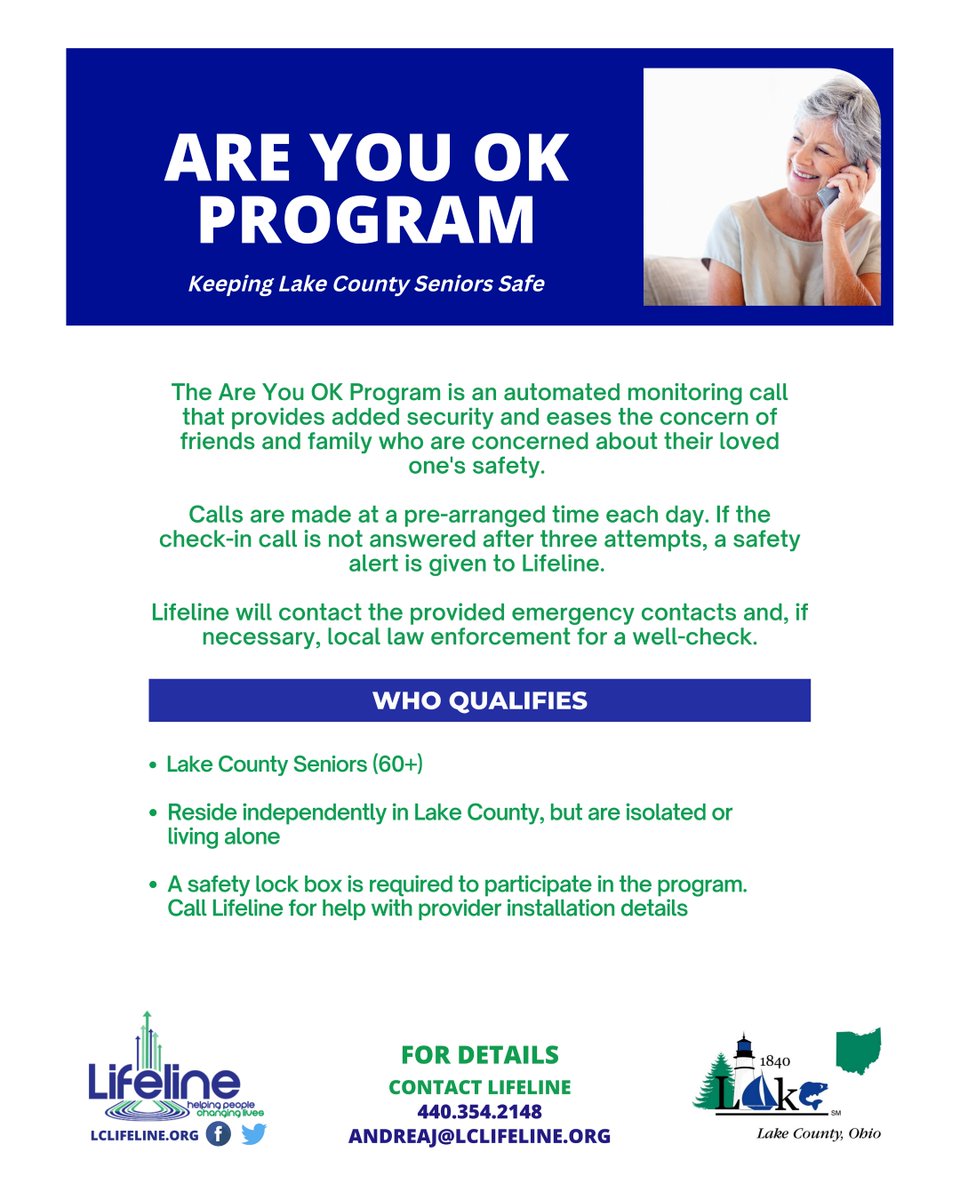 LifelineCAA's tweet photo. 💜 We care about our Lake County seniors! 💜

Lifeline's Are You OK Program is a phone reassurance initiative designed to ensure the safety &amp; well-being of Lake County residents aged 60+.  

☎Reach out today to learn how the program can provide peace of mind.  ☎ https://t.co/pVFqGZVysL