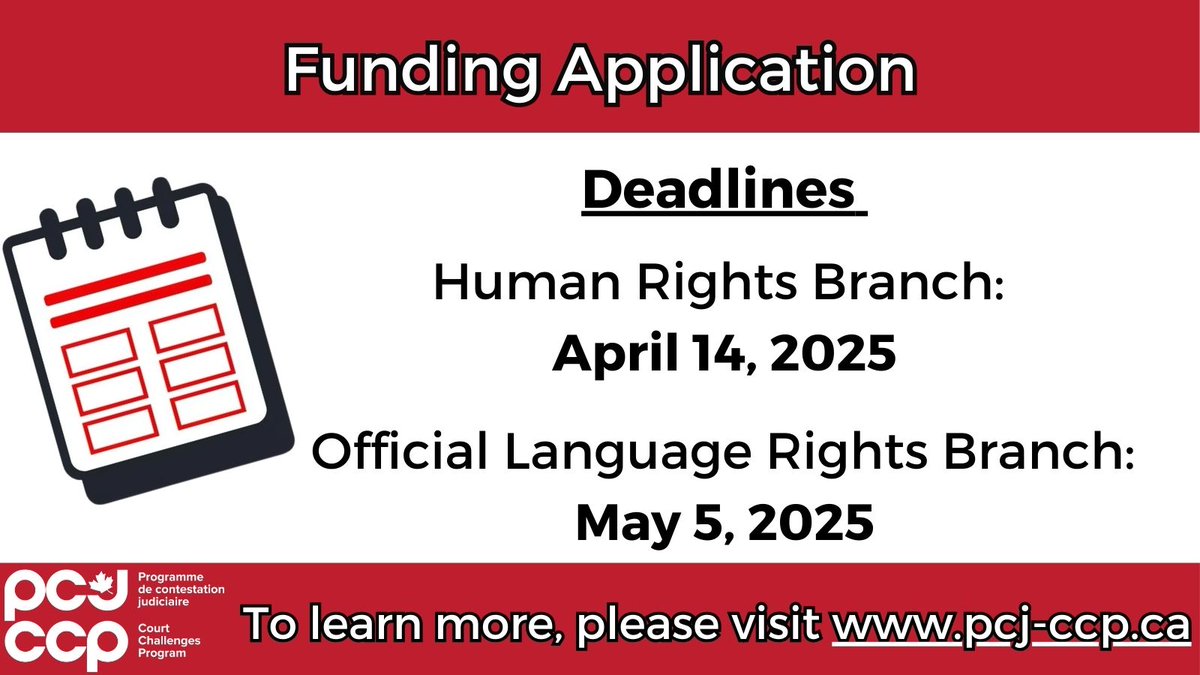 There's still time to apply for funding for the Human Rights Branch of the Court Challenges Program.

The deadline for this round of funding is 𝐀𝐩𝐫𝐢𝐥 𝟏𝟒, 𝟐𝟎𝟐𝟓.

Further details can be found at pcj-ccp.ca.

#Funding #ConstitutionalRights #HumanRights