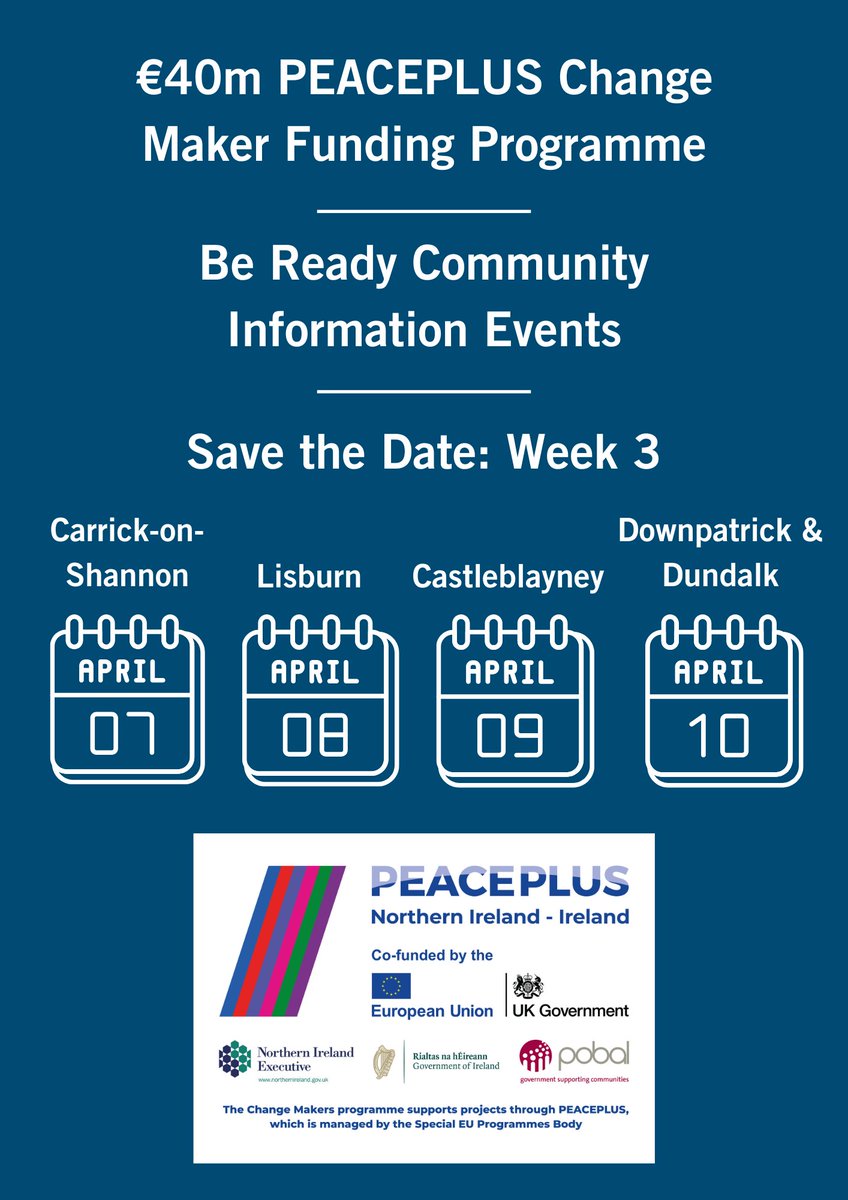 ❓Are you a community organisation in NI or the Border Counties?
❓Interested in finding out more about the upcoming PEACEPLUS Change Maker Funding Programme?
Here are the community information events coming up in Week 3 #PeaceChangeMakers
Register here 👇
bit.ly/3Yf2XRb