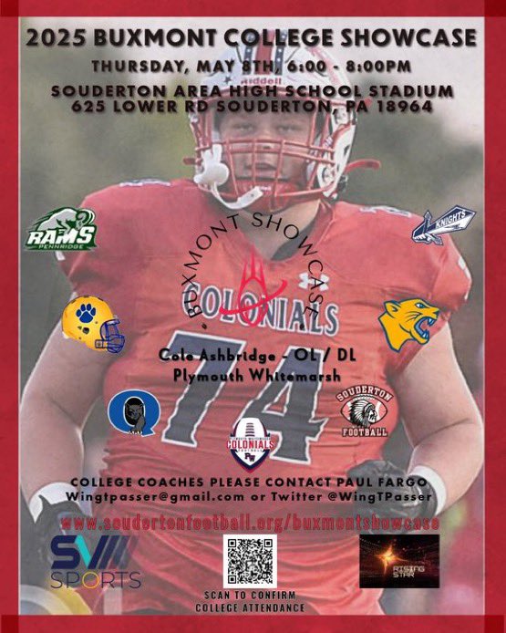 Cole Ashbridge (@c0leashbridge) on Twitter photo Looking forward to displaying my talents with other premier PA athletes from the area at the 2025 BUXMONT Showcase on Thursday, May 8th! soudertonfootball.org/buxmontshowcase
<a href="/PARisingStar/">PA Rising Star</a>
<a href="/svsports/">SV Sports</a>
@PRZPAvic
<a href="/PaulRobertsCuse/">Paul Roberts</a>
<a href="/ArtisticMayhem1/">Michael Pietrangelo</a>
<a href="/S1insider/">Suburban One Insider</a>
<a href="/BadgleyBruce/">Bruce Badgley</a>
<a href="/FryRonnie/">Coach</a> Looking forward to displaying my talents with other premier PA athletes from the area at the 2025 BUXMONT Showcase on Thursday, May 8th! soudertonfootball.org/buxmontshowcase
<a href="/PARisingStar/">PA Rising Star</a>
<a href="/svsports/">SV Sports</a>
@PRZPAvic
<a href="/PaulRobertsCuse/">Paul Roberts</a>
<a href="/ArtisticMayhem1/">Michael Pietrangelo</a>
<a href="/S1insider/">Suburban One Insider</a>
<a href="/BadgleyBruce/">Bruce Badgley</a>
<a href="/FryRonnie/">Coach</a>