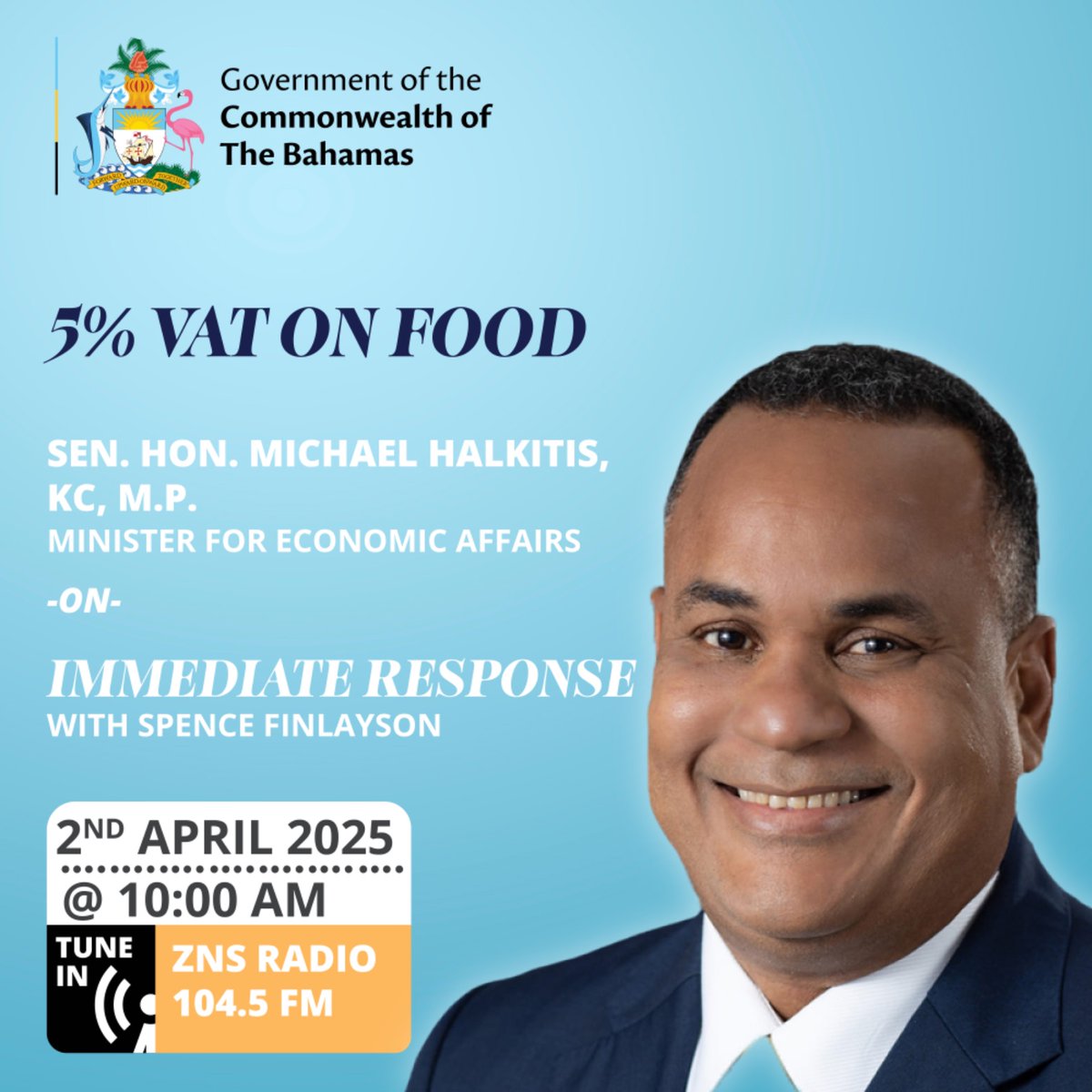 Tune in to Immediate Response with Spence Finlayson with Sen. Hon. Michael Halkitis, KC, M.P. on ZNS Radio today at 10:00AM.
