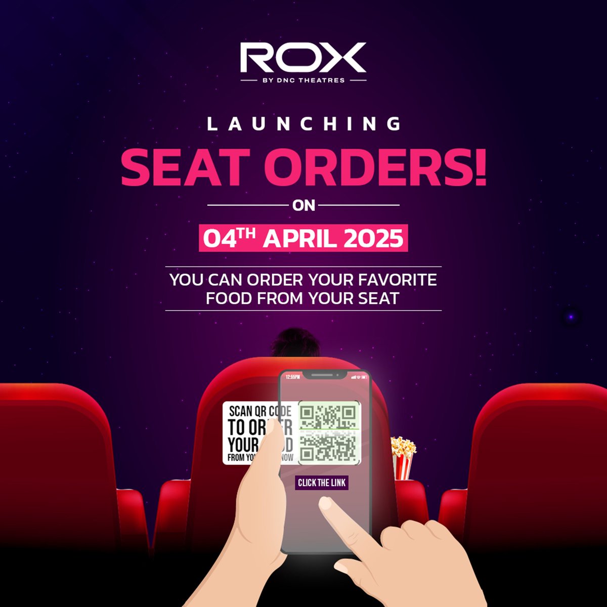 dnctheatresoffl's tweet photo. Seat Orders launches on April 4th, 2025!
You can Order your favorite food without leaving your seat!
Only at #ROXbyDNCTheatres
#DNCTheatres #SeatOrders #QRCodeScan #FoodOrder #SmartOrdering #Popcorn #Burger #MovieTime https://t.co/ytVNJIYJZ3