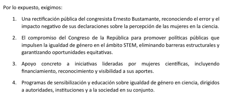 Nos sumamos al pronunciamiento de las mujeres científicas del Perú. 
Exigimos la rectificación pública del congresista <a href="/ErnesBustamante/">Ernesto Bustamante</a> 
#VocesCuidadoras