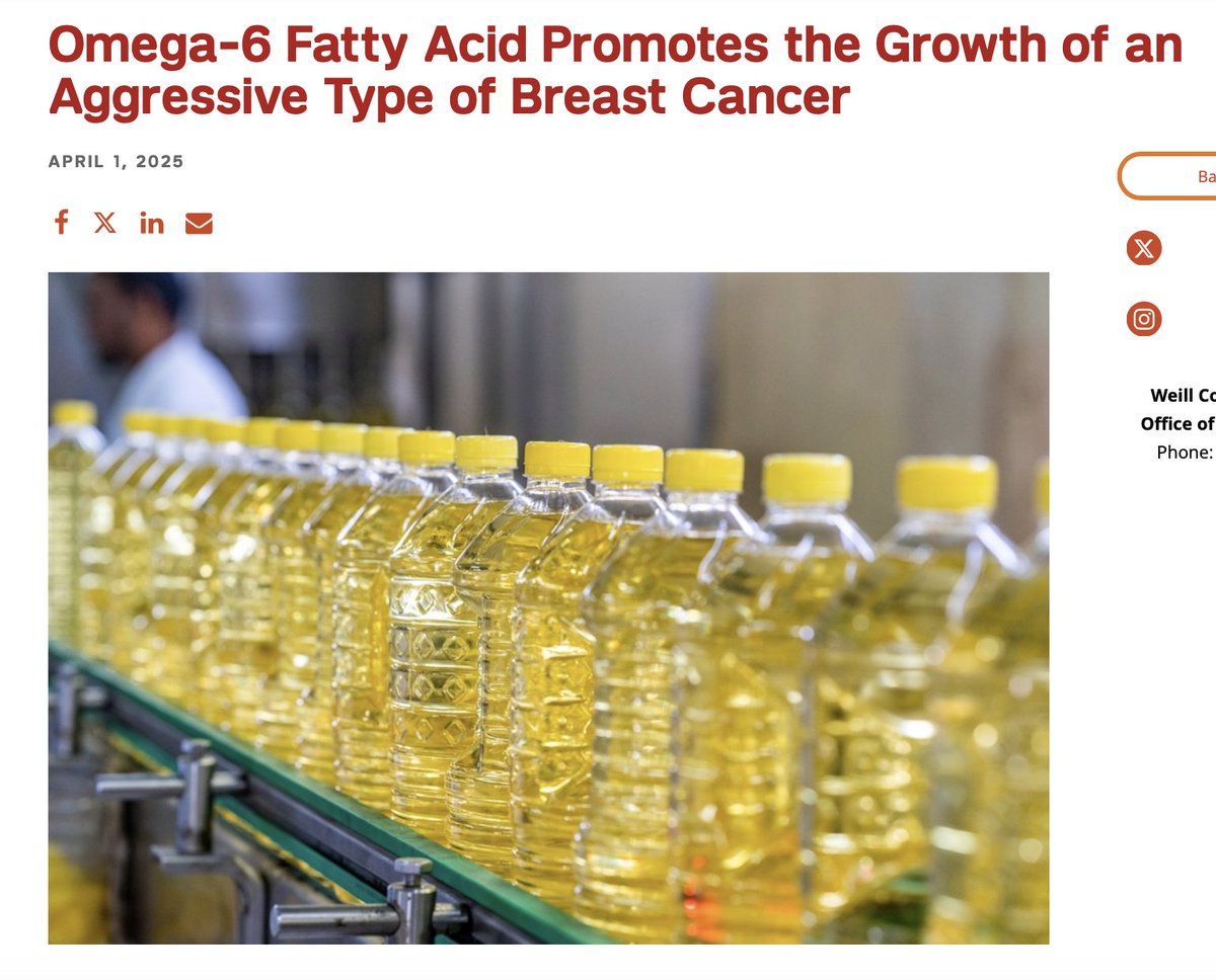 Seed oil fatty acid (linoleic) "promotes the growth of an aggressive type of breast cancer."

A pre-clinical study by Weill Cornell Medicine

Specifically, linoleic "enhances the growth of the hard-to-treat “triple negative” breast cancer subtype."

Remember, in large, NIH-funded