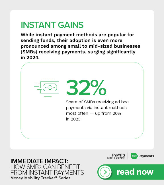 PYMNTS (@pymnts) on Twitter photo INSTANT GAINS: SMBs receiving ad hoc payments via instant methods jumped to 32% in 2024—a 60% increase from last year.
Our latest Money Mobility Tracker® with <a href="/IngoPayments/">Ingo Payments</a> reveals how digitally-advanced sectors gain crucial cash flow advantages while others struggle with INSTANT GAINS: SMBs receiving ad hoc payments via instant methods jumped to 32% in 2024—a 60% increase from last year.
Our latest Money Mobility Tracker® with <a href="/IngoPayments/">Ingo Payments</a> reveals how digitally-advanced sectors gain crucial cash flow advantages while others struggle with