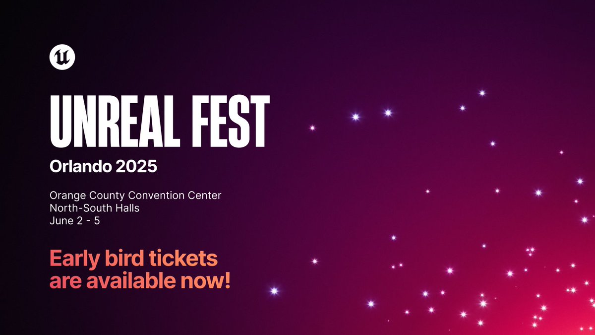 Unreal Fest Orlando is coming at you in June and for the first time ever, State of Unreal will be livestreamed from the event 🎥

Right now, for a limited time, you can grab early bird tickets at a discount of $50. If you're a Fortnite Creator, that discount becomes $100, and is