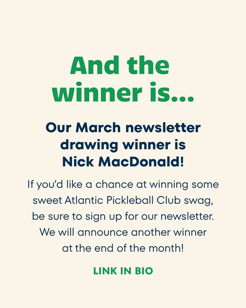 If you'd like a chance to get some free Atlantic Pickleball Club swag, be sure to sign up for our newsletter before the end of April and be entered to win. Link in bio!

#atlanticpickleballclub #PEIpickleball
