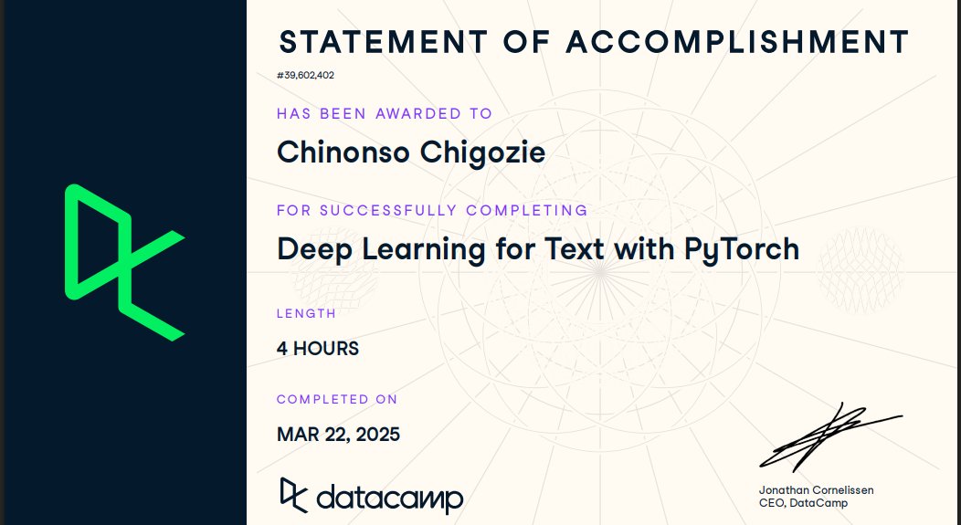 JohnLou43370061's tweet image. A brief story on my learning journey on DevCareer&apos;s DataCamp Scholarship. 
I have been able to complete some important courses including Deep Learning for Text with Pytorch and Transformers in Pytorch. I also completed a project shown below.
@dev_careers @codenney @DataCamp