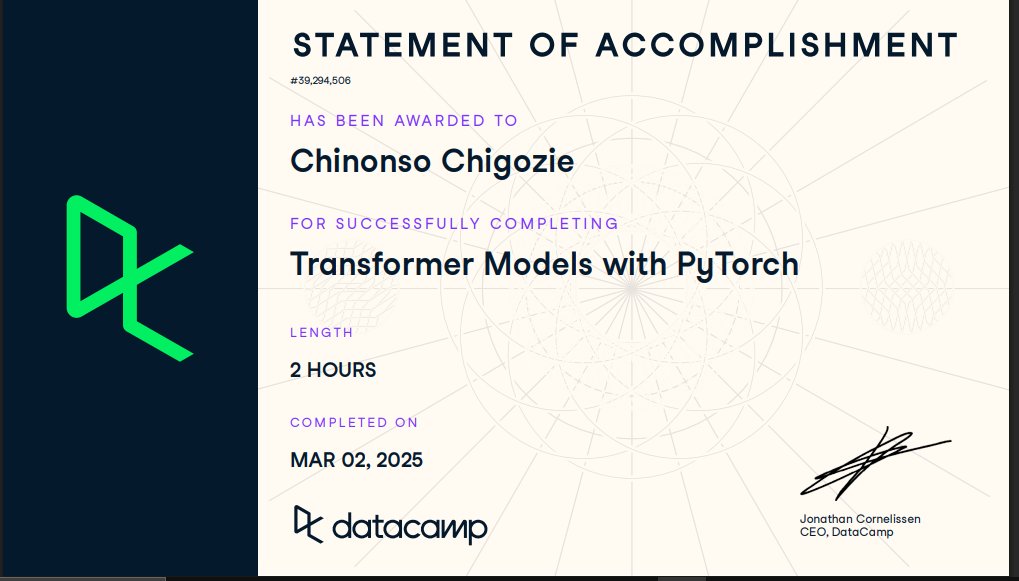 JohnLou43370061's tweet image. A brief story on my learning journey on DevCareer&apos;s DataCamp Scholarship. 
I have been able to complete some important courses including Deep Learning for Text with Pytorch and Transformers in Pytorch. I also completed a project shown below.
@dev_careers @codenney @DataCamp