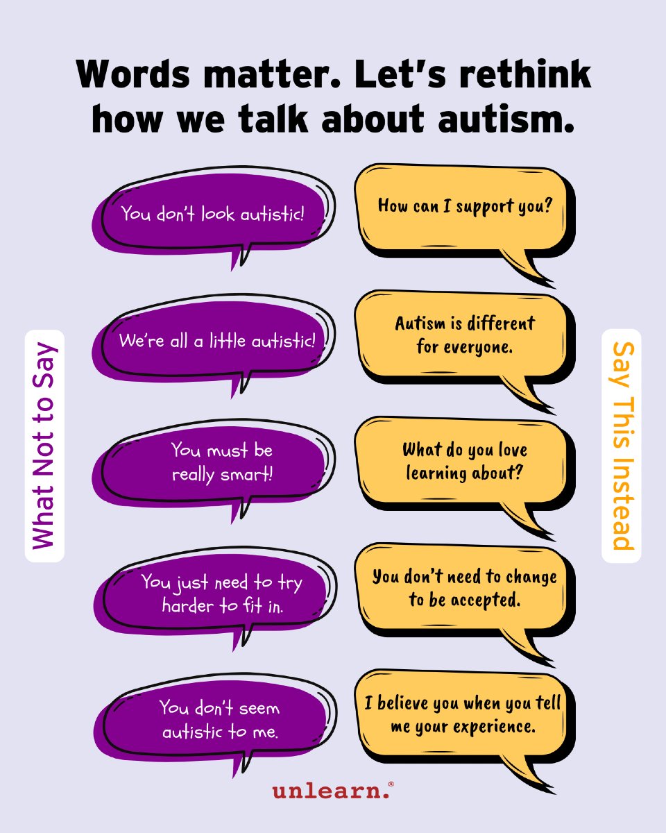 🗣️ Words matter.

Too often, people with autism hear well-intended comments that miss the mark—or unintentionally cause harm.

This World Autism Day, let’s pause and rethink how we talk about autism. Because changing our words can change someone’s experience.

❌ “You don’t look