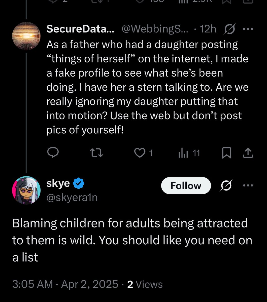 WebbingSecure's tweet image. Is this girl being serious right now? That is not what I’m saying. I mean that my daughter doing something stupid like this will indeed get unwanted attention. Most likely perverts will see it online. Having concern for what my daughter does mean I should be on a list? Gtfoh.