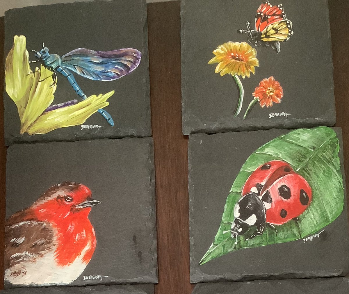 And these four hand painted slate coasters are now finished and drying, before varnishing and listing in my etsy shop TwibellArts.
#LincsConnect #MHHSBD #etsy #etsyshop #etsyseller #originalart #wildlifeart #giftideas #homedecor