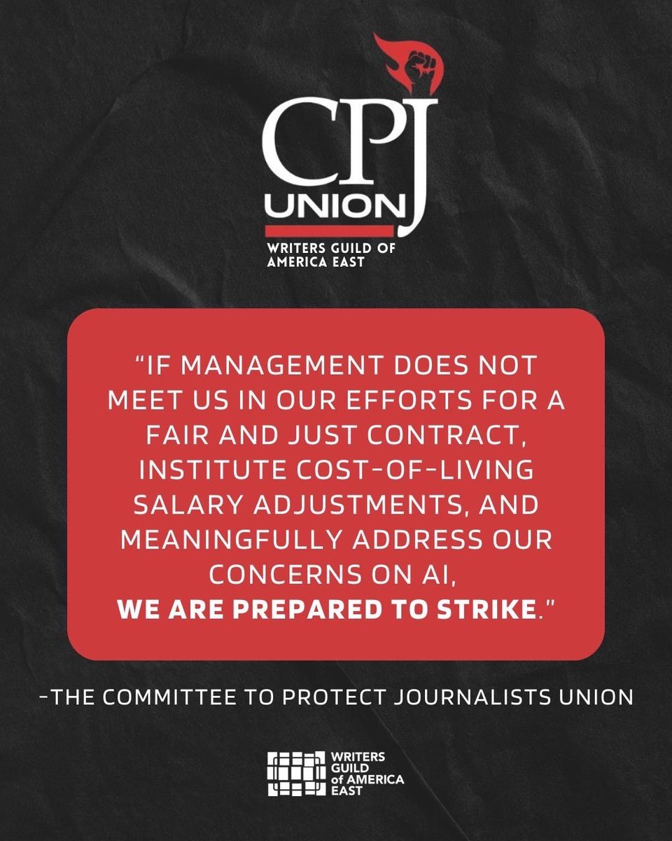 Writers Guild of America East (@wgaeast) on Twitter photo Our members at @cpj_union are fighting for a fair contract with <a href="/pressfreedom/">Committee to Protect Journalists</a>.
After their contract expired on March 31st, 100% of members signed onto a strike pledge to show management we’re prepared to do what it takes to win strong union protections. ⏰ Our members at @cpj_union are fighting for a fair contract with <a href="/pressfreedom/">Committee to Protect Journalists</a>.
After their contract expired on March 31st, 100% of members signed onto a strike pledge to show management we’re prepared to do what it takes to win strong union protections. ⏰