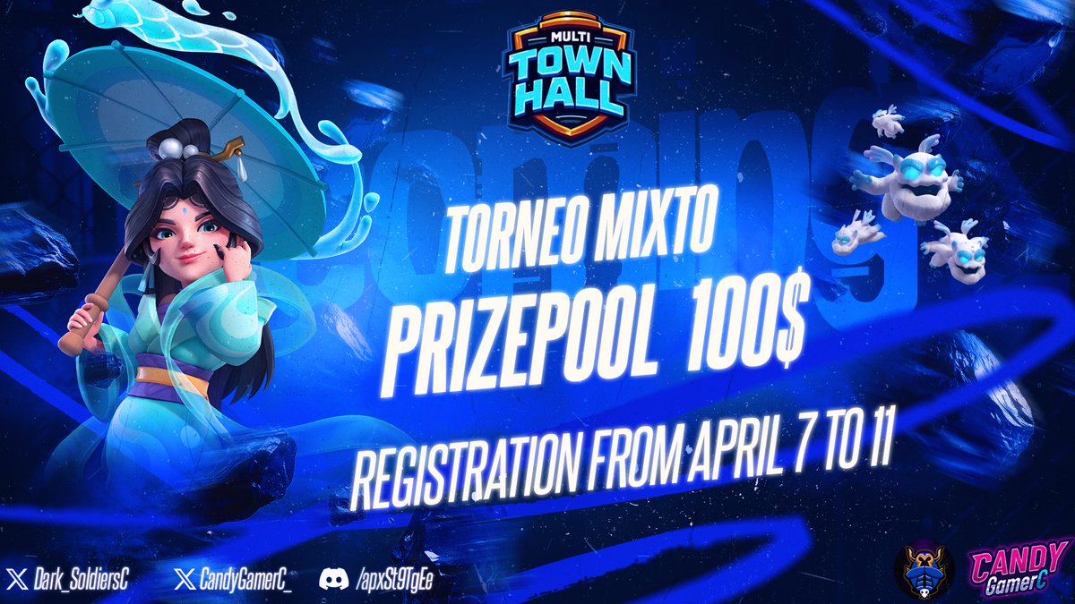 The Dark Soldier Community brings you MULTI TOWNHALL 🏆 

TH17 | TH15 | TH14 | TH13 - 5 VS 5 BATTLE!  
💰 $100 USD PRIZEPOOL!  
📅SIGN-UPS: April 7 -11!

discord.gg/apxSt9TgEe
