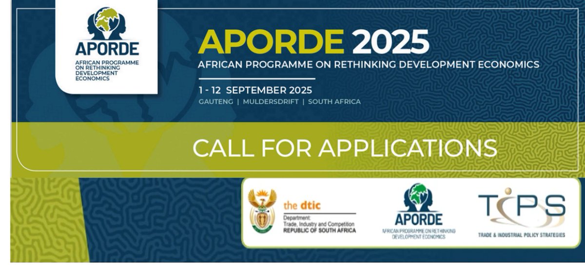 [CALL FOR PAPERS]

Exciting news from the dtic! The 19th edition of the fully funded program, African Programme on Rethinking Development Economics (APORDE), will take place in Gauteng in Sep 2025!

Apply: ow.ly/yCza50Vt8Un 

More: ow.ly/PVHP50Vt8Um 

#APORDE2025