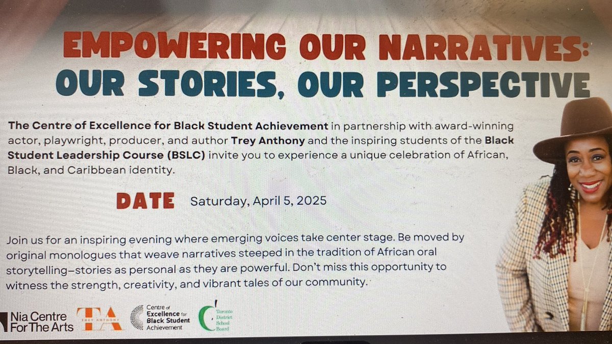 Centre of Excellence for Black Student Achievement (@tdsb_cebsa) on Twitter photo This Saturday is going to be an inspiring evening of storytelling + creativity! In partnership with <a href="/treyanthony/">trey anthony</a>, Black high school students in the Black Student Leadership Course (BSLC) will debut powerful monologues exploring identity, heritage & lived experiences. This Saturday is going to be an inspiring evening of storytelling + creativity! In partnership with <a href="/treyanthony/">trey anthony</a>, Black high school students in the Black Student Leadership Course (BSLC) will debut powerful monologues exploring identity, heritage & lived experiences.