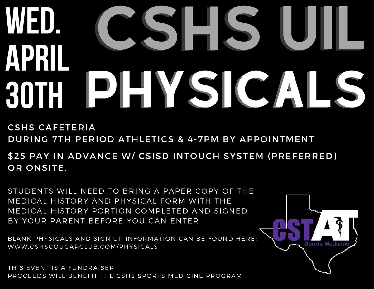 CSHS Cougar Athletic Training (@cshs_at) on Twitter photo <a href="/CSHighSchool/">College Station HS</a> Sports Med will be hosting UIL physical event Wed, April 30th. This is open to all incoming <a href="/CSISD/">College Station ISD</a> 7-12th graders.
Paperwork & Sign Up Links can be found here: cshscougarclub.com/physicals
<a href="/AMCHSAT/">Consol Athletic Training</a> will be hosting an event on May 14th if you cannot make this date. <a href="/CSHighSchool/">College Station HS</a> Sports Med will be hosting UIL physical event Wed, April 30th. This is open to all incoming <a href="/CSISD/">College Station ISD</a> 7-12th graders.
Paperwork & Sign Up Links can be found here: cshscougarclub.com/physicals
<a href="/AMCHSAT/">Consol Athletic Training</a> will be hosting an event on May 14th if you cannot make this date.