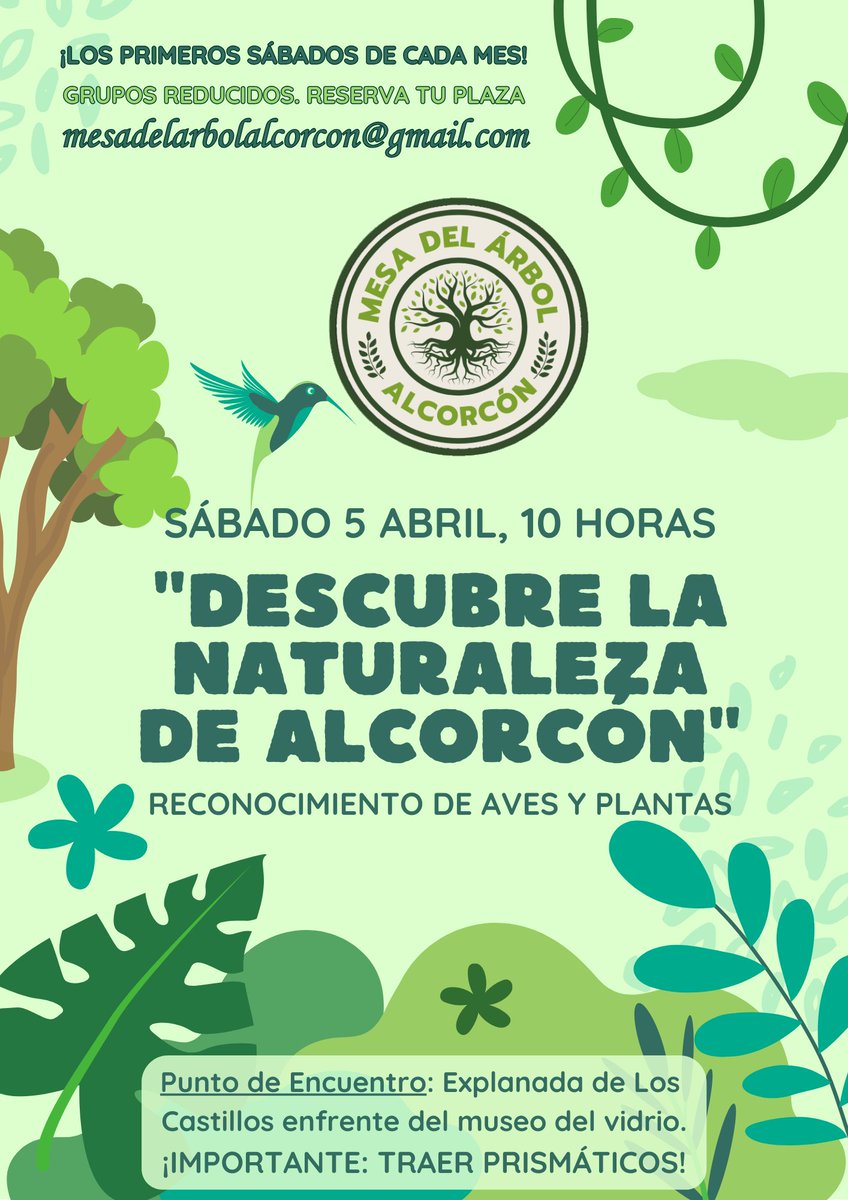 Sábado 5 de abril, 10 h. DESCUBRE LA NATURALEZA. RECONOCIMIENTO DE AVES Y PLANTAS #Alcorcon
Los primeros sábados de mes
IMPORTANTE: GRUPOS REDUCIDOS. Reserva tu plaza escribiendo a mesadelarbolalcorcon@gmail.com
Punto de encuentro: Explanada de Los Castillos, frente al MAVA 🌳🌱
