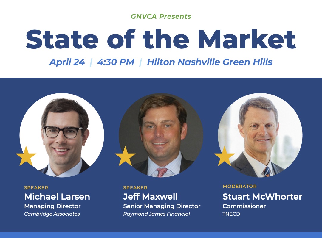 GNPCA (@thegnpca) on Twitter photo Join us on April 24 for The State of the Market, an update on the industry featuring a conversation with <a href="/TNECD/">TNECD</a> Commissioner Stuart McWhorter (<a href="/CommishTNECD/">Stuart C. McWhorter</a> ), <a href="/mplarsen/">Michael Larsen</a> (Cambridge Associates), and Jeff Maxwell (<a href="/RaymondJames/">Raymond James</a>).
gnvca.org/events/gnvca-e…
#GNVCA #PrivateCapital #VC Join us on April 24 for The State of the Market, an update on the industry featuring a conversation with <a href="/TNECD/">TNECD</a> Commissioner Stuart McWhorter (<a href="/CommishTNECD/">Stuart C. McWhorter</a> ), <a href="/mplarsen/">Michael Larsen</a> (Cambridge Associates), and Jeff Maxwell (<a href="/RaymondJames/">Raymond James</a>).
gnvca.org/events/gnvca-e…
#GNVCA #PrivateCapital #VC