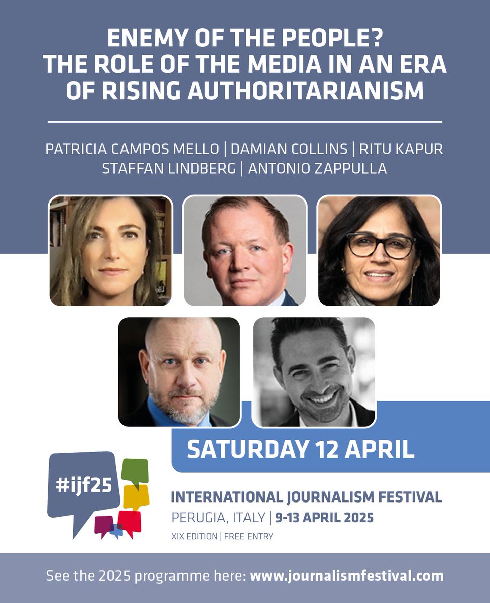 Antonio Zappulla OMRI (@antozappulla) on Twitter photo Excited to bring together a powerful panel of speakers at <a href="/journalismfest/">International Journalism Festival</a> to discuss the role of journalists in a challenging era.
Join me, with <a href="/camposmello/">Patricia Campos Mello</a>, <a href="/DamianCollins/">Damian Collins</a>, <a href="/kapur_ritu/">Ritu Kapur</a>, and Staffan Lindberg at #IJF25, or follow the live stream: tinyurl.com/4axs76hy Excited to bring together a powerful panel of speakers at <a href="/journalismfest/">International Journalism Festival</a> to discuss the role of journalists in a challenging era.
Join me, with <a href="/camposmello/">Patricia Campos Mello</a>, <a href="/DamianCollins/">Damian Collins</a>, <a href="/kapur_ritu/">Ritu Kapur</a>, and Staffan Lindberg at #IJF25, or follow the live stream: tinyurl.com/4axs76hy