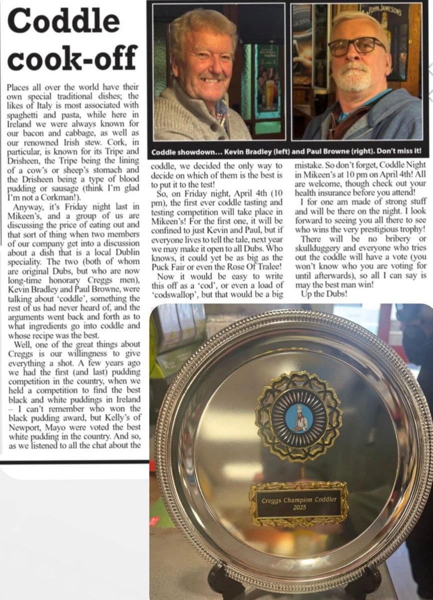 Roarkesbar's tweet photo. The Creggs Coddler Cook-off 

The first Creggs Coddler Tasting and Competiton takes place this Friday night, April 4th, at 10pm.

A cook off between our 2 longstanding and local Dubs!

Read all about it on Frank's weekly column! 

Will you be Team Bradley or Team Browne.... https://t.co/EakGUrzQbc