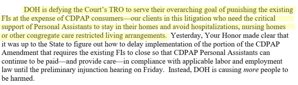 ProtectHomeCare's tweet image. Attorneys with Patterson Belknap and @nylag have filed an urgent appeal with the Court.
The letter notes that "DOH is defying the Court’s TRO to serve their overarching goal of punishing the existing FIs at the expense of CDPAP consumers."