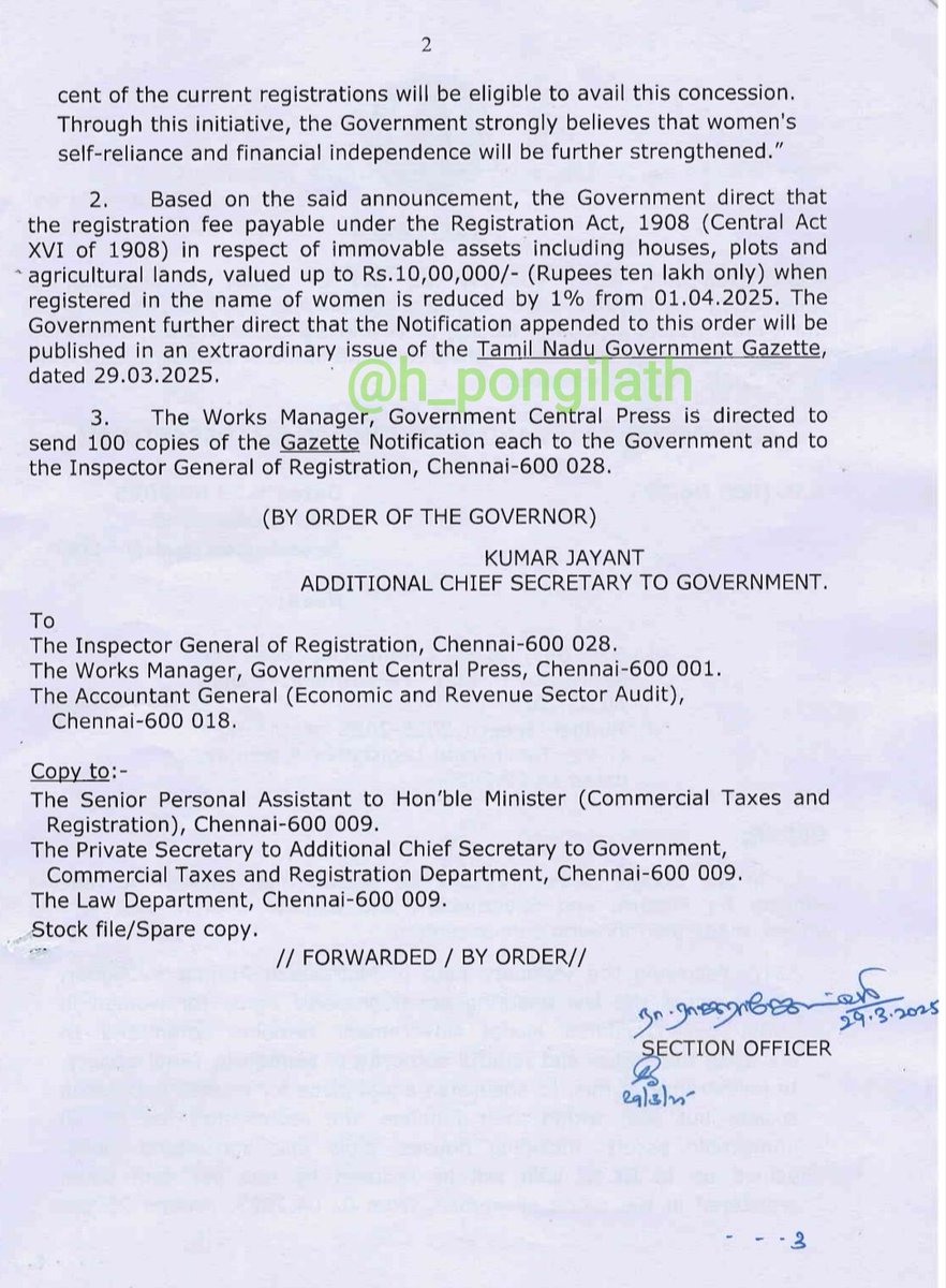 h_pongilath's tweet image. “Reduction” of #registrationfee payable under the Registration Act,1908 in respect of all #immovableassets including #houses, #plots &amp;amp; #agricultural lands, “valued up to ₹10 (ten) lakh only” when registered in the name of women by 1% from 01.04.2025 - Orders – Issued 
#TamilNadu