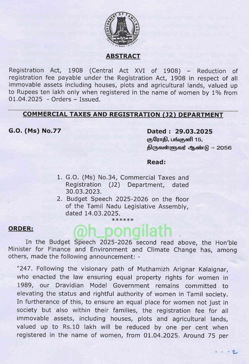 h_pongilath's tweet image. “Reduction” of #registrationfee payable under the Registration Act,1908 in respect of all #immovableassets including #houses, #plots &amp;amp; #agricultural lands, “valued up to ₹10 (ten) lakh only” when registered in the name of women by 1% from 01.04.2025 - Orders – Issued 
#TamilNadu