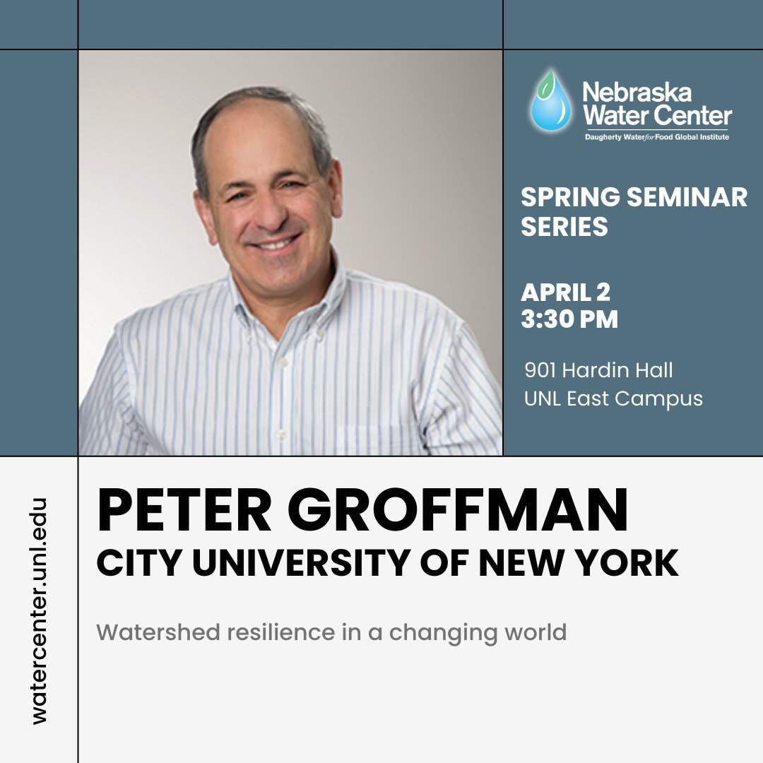 Join us this afternoon to hear Peter Groffman from the City University of New York discuss watershed resilience as part of the Spring Seminar Series. 
🗓️April 2, 3:30 - 4:30 p.m.
📍901 Hardin Hall, UNL East Campus