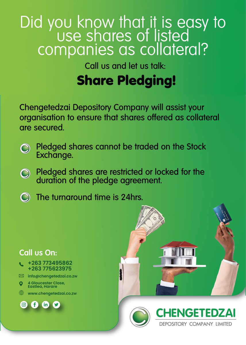 Using your invested shares for share pledging can unlock liquidity without selling your assets. It lets you tap into capital while keeping ownership! 
Call Us On: +263 773 495 862 or +263 775 623 975
#SharePledging #InvestedShares #Finance