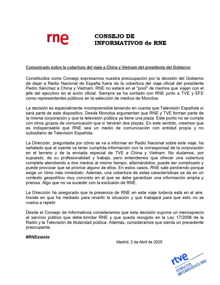 Consejo de Informativos RNE (@cdirne) on Twitter photo El recién constituido Cdi rechaza la decisión de La Moncloa de no incluir a <a href="/rne/">Radio Nacional</a> en la cobertura del viaje oficial del presidente del Gobierno, Pedro Sánchez, a China y Vietnam. #RNEexiste El recién constituido Cdi rechaza la decisión de La Moncloa de no incluir a <a href="/rne/">Radio Nacional</a> en la cobertura del viaje oficial del presidente del Gobierno, Pedro Sánchez, a China y Vietnam. #RNEexiste