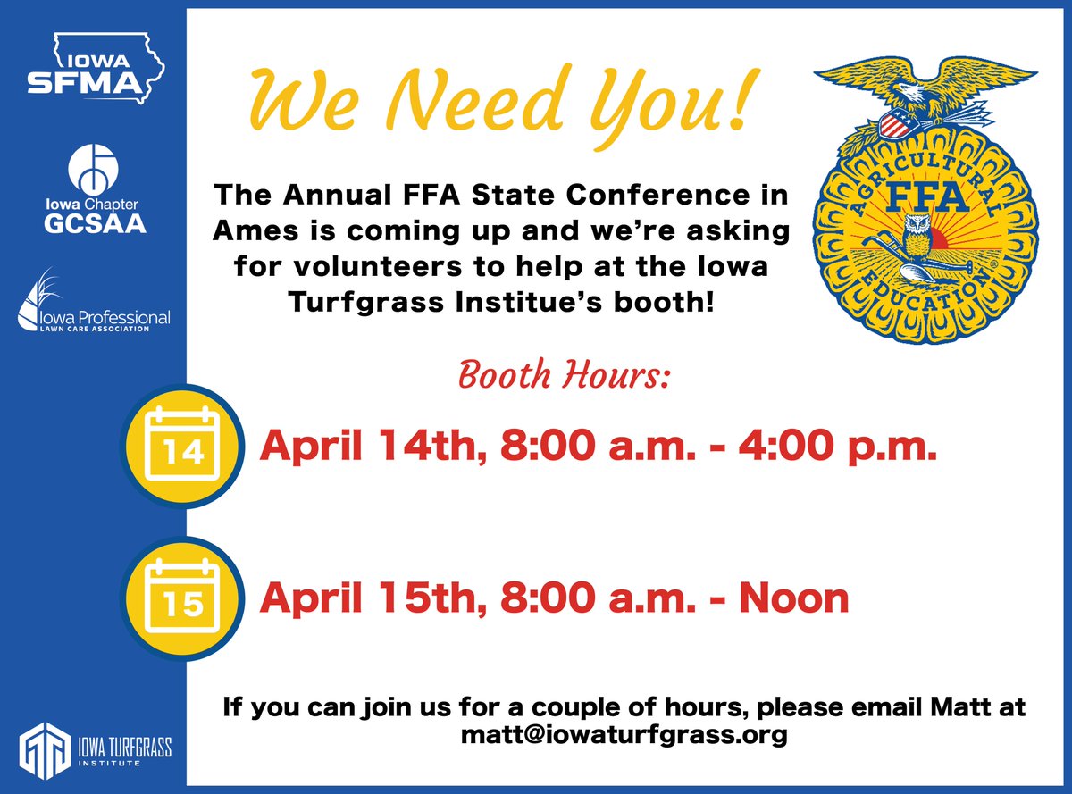 Iowa Turfgrass Institute (@iaturfinstitute) on Twitter photo We're still in need of volunteers to work the ITI booth April 14th and 15th for the upcoming FFA State Conference in Ames! If this is something you would like to help with, please reach out to us at matt@iowaturfgrass.org. We hope to see you there!! We're still in need of volunteers to work the ITI booth April 14th and 15th for the upcoming FFA State Conference in Ames! If this is something you would like to help with, please reach out to us at matt@iowaturfgrass.org. We hope to see you there!!