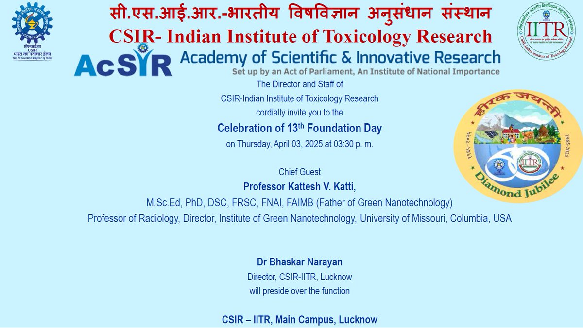 CSIR-IITR (@csir_iitr) on Twitter photo <a href="/CSIR_IITR/">CSIR-IITR</a> invites you to join the 13th Foundation Day celebration of the Academy of Scientific and Innovative Research (AcSIR) on April 3, 2025, at 3.30 PM. facebook.com/csiriitr
youtube.com/@csiriitr1702?…
<a href="/AcSIR_India/">AcSIR</a> <a href="/EnnBeeIITR/">Bhaskar</a> <a href="/CSIR_IND/">CSIR, India</a> <a href="/DrNKalaiselvi/">N Kalaiselvi</a> <a href="/CSIR_IITR/">CSIR-IITR</a> invites you to join the 13th Foundation Day celebration of the Academy of Scientific and Innovative Research (AcSIR) on April 3, 2025, at 3.30 PM. facebook.com/csiriitr
youtube.com/@csiriitr1702?…
<a href="/AcSIR_India/">AcSIR</a> <a href="/EnnBeeIITR/">Bhaskar</a> <a href="/CSIR_IND/">CSIR, India</a> <a href="/DrNKalaiselvi/">N Kalaiselvi</a>