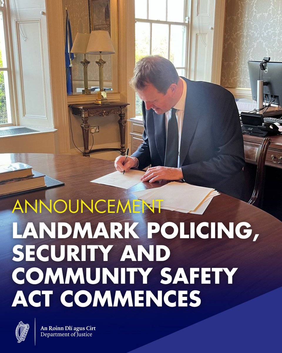Department of Justice (@deptjusticeirl) on Twitter photo Minister <a href="/OCallaghanJim/">Jim O'Callaghan TD</a> has today commenced the landmark Policing, Security and Community Safety Act 2024.
Read more below
bit.ly/3G23Je0 Minister <a href="/OCallaghanJim/">Jim O'Callaghan TD</a> has today commenced the landmark Policing, Security and Community Safety Act 2024.
Read more below
bit.ly/3G23Je0