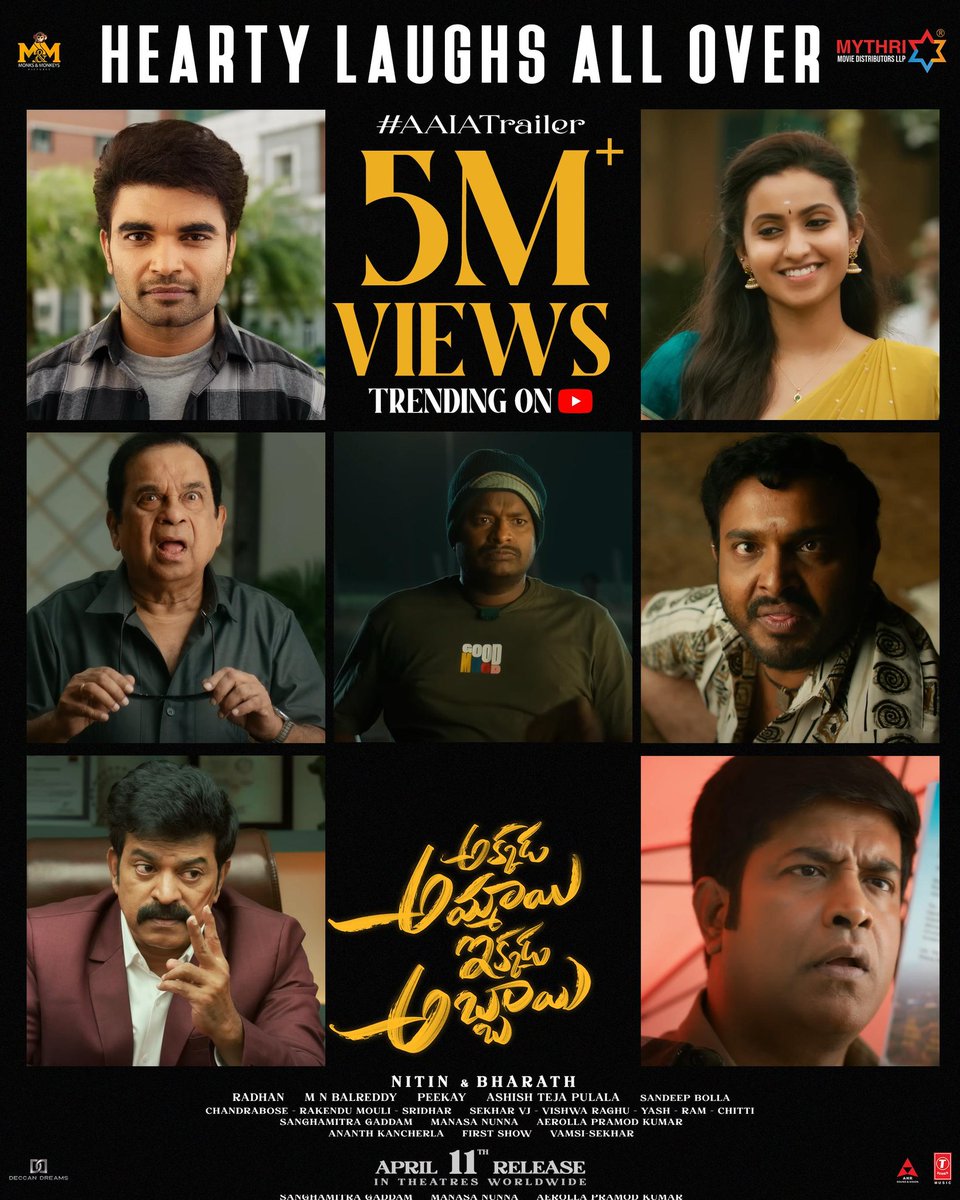 Indian Clicks (@indianclicks) on Twitter photo The hillarious #AAIATrailer hits 5 MILLION+ VIEWS ❤🔥 and is trending top on YouTube 💥
▶️ youtu.be/oi212mVI3Ac
#AkkadaAmmayiIkkadaAbbayi ✨🫶
#AAIA GRAND RELEASE WORLDWIDE ON APRIL 11th ❤️🔥
<a href="/impradeepmachi/">Pradeep Machiraju</a> <a href="/deepikapilli_/">deepika pilli</a> <a href="/bharath3631/">Bharath</a> <a href="/getupsrinu3/">GETUPSRINU</a> <a href="/radhanmusic/">Radhan Music</a> The hillarious #AAIATrailer hits 5 MILLION+ VIEWS ❤🔥 and is trending top on YouTube 💥
▶️ youtu.be/oi212mVI3Ac
#AkkadaAmmayiIkkadaAbbayi ✨🫶
#AAIA GRAND RELEASE WORLDWIDE ON APRIL 11th ❤️🔥
<a href="/impradeepmachi/">Pradeep Machiraju</a> <a href="/deepikapilli_/">deepika pilli</a> <a href="/bharath3631/">Bharath</a> <a href="/getupsrinu3/">GETUPSRINU</a> <a href="/radhanmusic/">Radhan Music</a>
