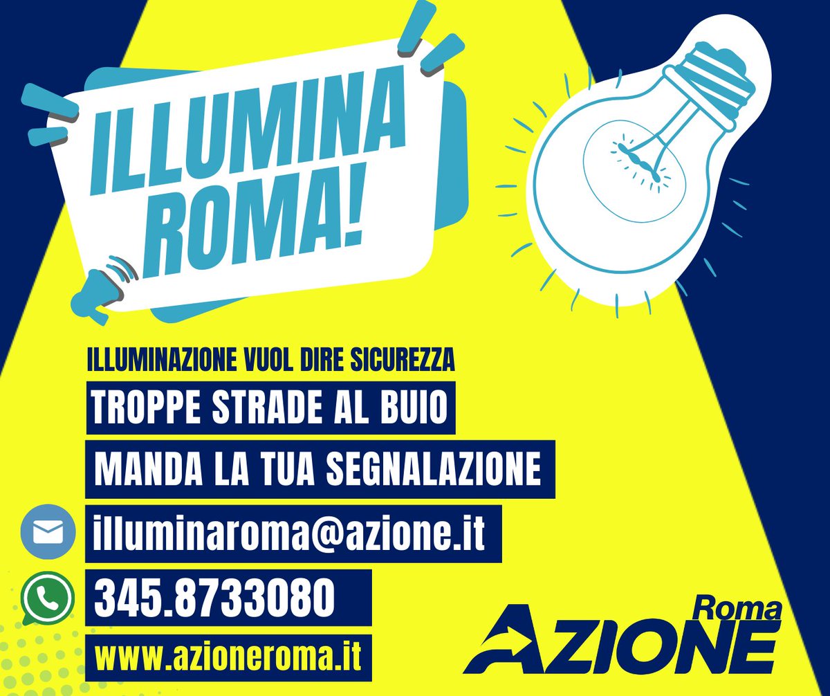 Azione Roma lancia #IlluminaRoma: sabato 5 e domenica 6 in 13 piazze per chiedere più illuminazione nei quartieri. Più luce vuol dire più sicurezza. Scrivici a illuminaroma@azione.it o su WhatsApp al 3458733080 per segnalarci zone buie della città.