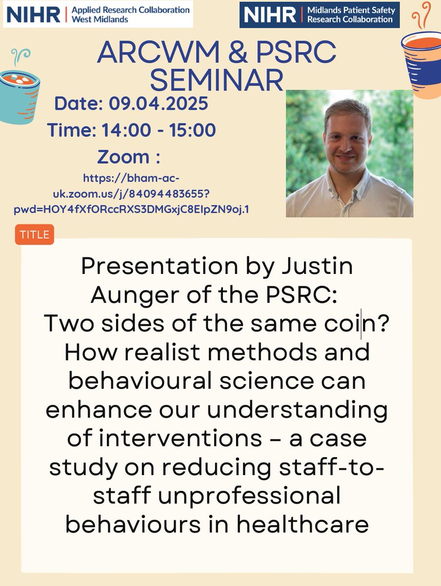 🚨Join me on April 9, 2025 (14:00-15:00 BST) for a seminar🚨:

🧠 Two sides of the same coin? How both realist methods &amp; behavioural science can enhance our understanding of interventions - a case study on reducing unprofessional behaviours in healthcare.

See attached flyer!