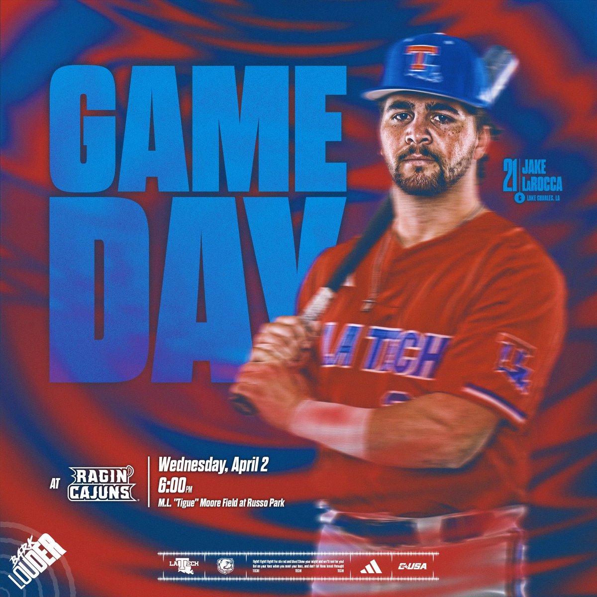 Back at it in Lafayette!

📍 Lafayette, La.
🏟️ M.L. ‘Tigue’ Moore Field at Russo Park
🆚 UL-Lafayette Ragin’ Cajuns
⏰ 6 p.m. CT
📻 97.7 FM / LA Tech Athletics app
📊 LATechSports.com/stats