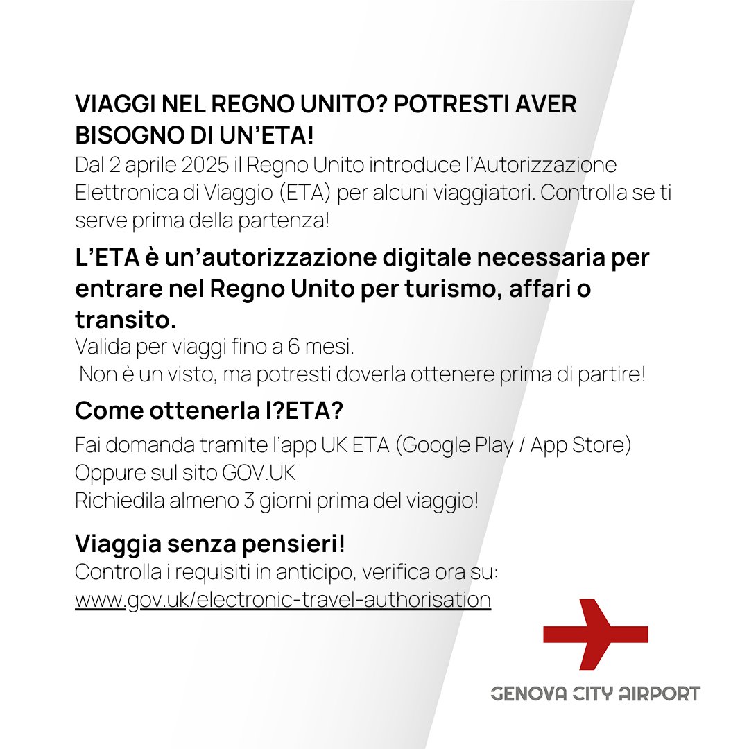 🚨 Viaggi nel Regno Unito? Potresti aver bisogno di un’#ETA!

📅 Dal 2 aprile 2024, alcuni viaggiatori devono richiederla prima della partenza.
 Info e richiesta:
👉 gov.uk/electronic-tra…
✈️ Viaggia informato! #AeroportoDiGenova #UKETA
