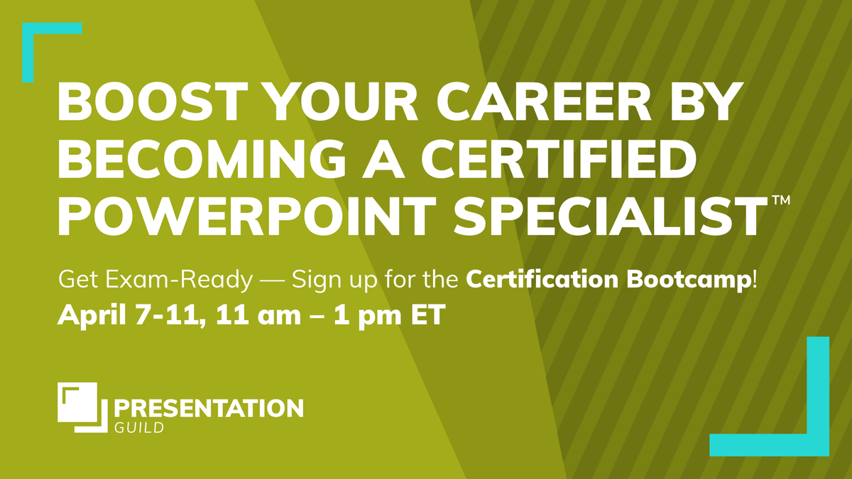 Boost your career—become a Certified Presentation Specialist! Join our next bootcamp, 4/7-4/11, with PPT MVP Echo Swinford to prepare for the exam! Includes expert training, practice tests &amp; the exam fee.

Register now: loom.ly/Raj_iz8
Guild members – log in for discount!