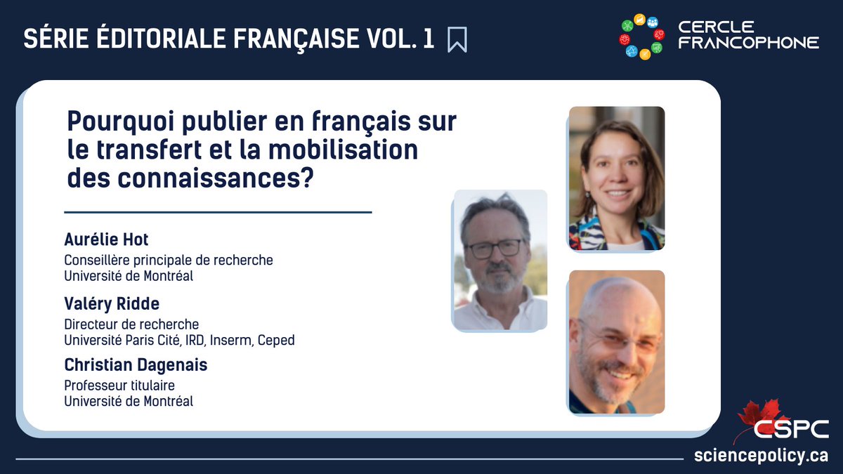 "Pourquoi publier en français sur le transfert et la mobilisation des connaissances?"

Lisez le nouvel éditorial de Aurélie Hot, <a href="/dagenach/">Christian Dagenais</a> et <a href="/ValeryRidde/">@valeryridde mastodon.social</a> pour la série éditoriale française du CSPC : sciencepolicy.ca/posts/pourquoi…

#CdnSci #CdnInnovation <a href="/UMontreal/">Université de Montréal</a>