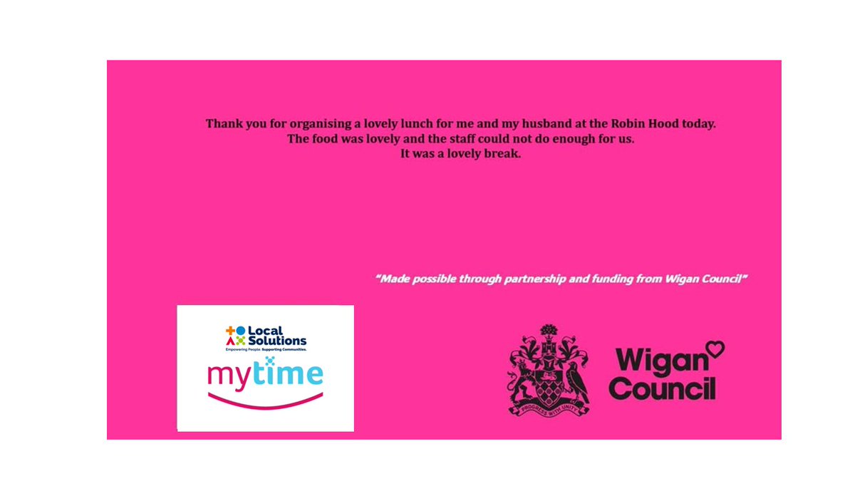 mytime_wigan (@mytimewigan) on Twitter photo Thanks to the team at the Robin Hood, Pennington for another lovely meal for one of our carers. 🍽️🫶
<a href="/WiganCouncil/">Wigan Council</a> <a href="/LocalSolutions_/">Local Solutions</a>
#localsolutions #wigancouncil #mytime #supportingcarers #mealout #carersupport
This is what Elizabeth said abour her visit: Thanks to the team at the Robin Hood, Pennington for another lovely meal for one of our carers. 🍽️🫶
<a href="/WiganCouncil/">Wigan Council</a> <a href="/LocalSolutions_/">Local Solutions</a>
#localsolutions #wigancouncil #mytime #supportingcarers #mealout #carersupport
This is what Elizabeth said abour her visit: