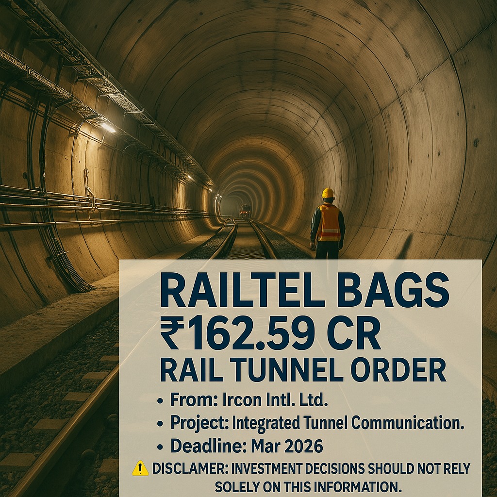 PsFintech's tweet image. RailTel secures ₹162.59 Cr Ircon order. ⚠️ Disclaimer: Not investment advice. #RailTel #TunnelProject