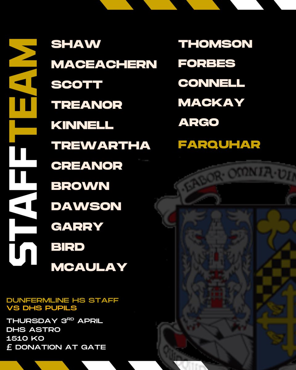📢 <a href="/DunfermlineHS/">Dunfermline High</a> Staff vs Pupils ⚽️

This Thursday, we end the term with the big one…

⏰ 15.10 KO
🏟️ DHS astro
💰 Donation*
📸 Staff team for the match

*donations collected will go towards local cancer charities!

We hope to see you all there, cheering on Team Staff🙌🏻

🖤💛