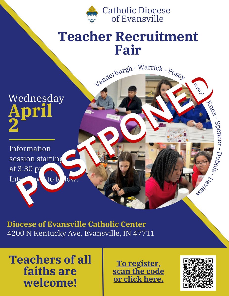 Due to forecasted severe weather in our tri-state area, the Diocesan Teacher Recruitment Fair has been postponed to a later date.
To get on the email list to receive the new rescheduled date, please fill out the form here: forms.gle/4FmpVaNRKzRLXK…