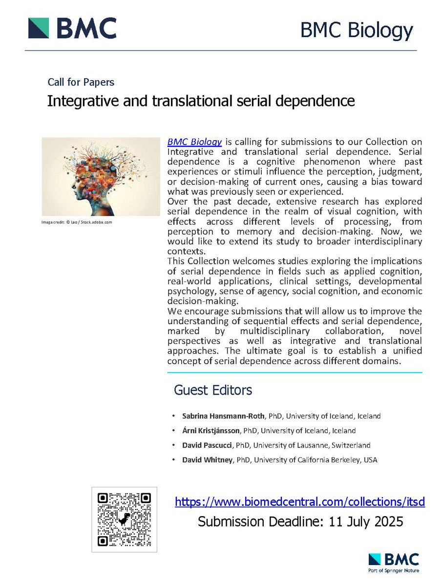 David__Pascucci's tweet image. 🚨Call for Papers! 📷@BMCBiology is welcoming submissions for a new collection on “Integrative and translational #serialdependence” Spread the word and dm/reach out for more details!...a few months left!!