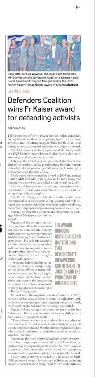 Defenders Coalition dedicates this award to frontline HRDs who courageously champion human rights despite the immense risks. We also thank our partners who have been part of our journey as we supported HRDs at every corner of our country, Kenya. Your solidarity and support