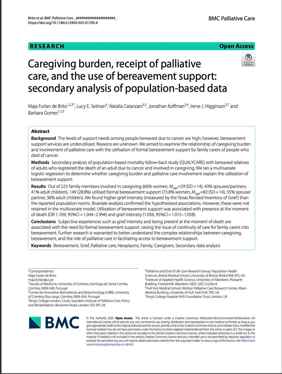 New paper: Caregiving burden, receipt of palliative care, and the use of bereavement support: secondary analysis of population-based data

doi.org/10.1186/s12904… 

Congratulations to Maja!