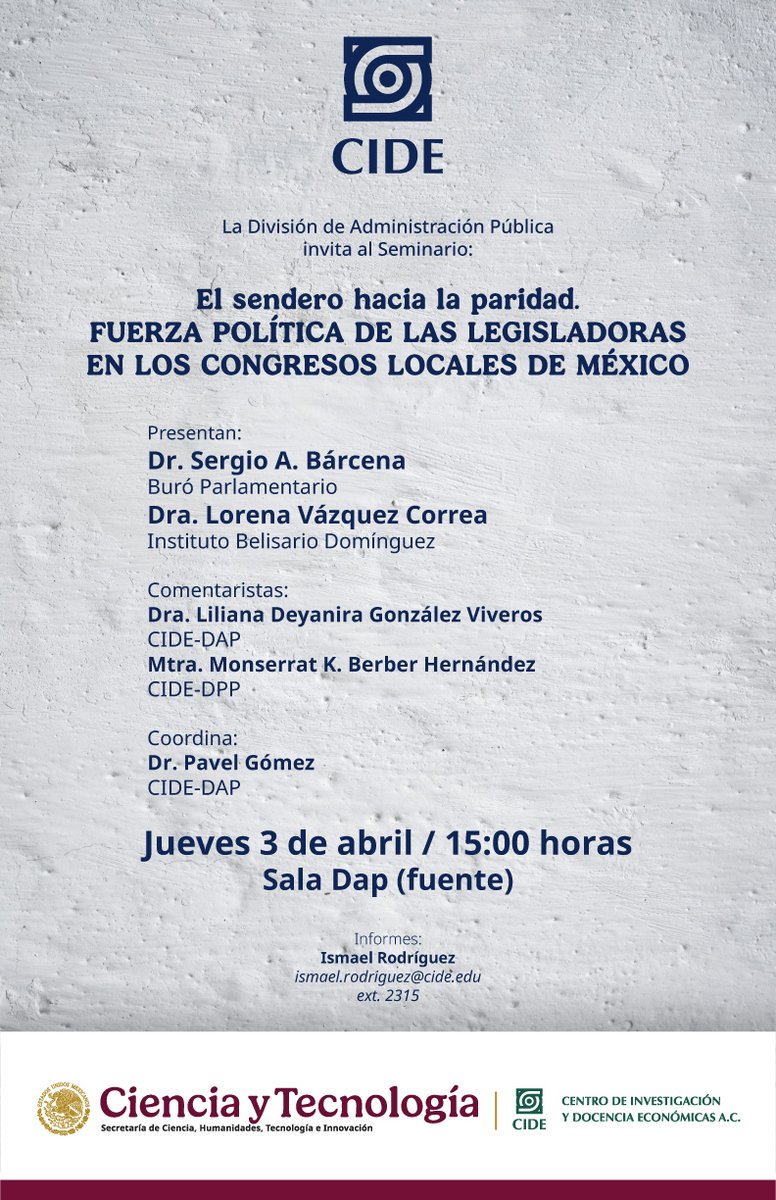 La <a href="/CIDE_DAP/">CIDE DAP</a> nos invita a la próxima sesión de su seminario, para dialogar sobre la capacidad política y representación de las legisladoras en los congresos locales de México. La cita es mañana,  3 de abril de 2025 a las 15:00 horas

¡Quedan todas y todos invitados!
